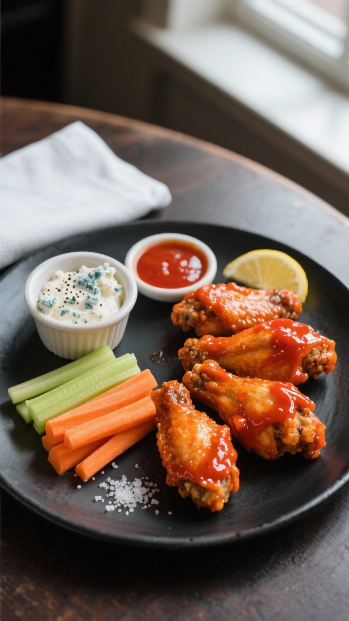 Final dish overhead: Top-down, restaurant-quality presentation of saucy Buffalo chicken wings tossed