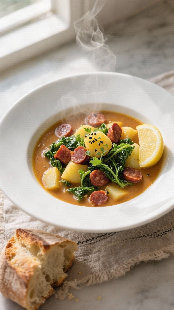 Final dish, overhead top view: A beautifully plated bowl of chorizo and potato soup, overhead shot s
