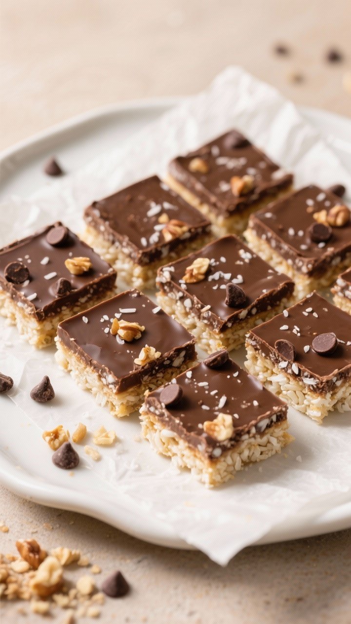 Final dish, overhead top view: Overhead shot of neatly sliced Chocolate Rice Cake Magic Bars arrange