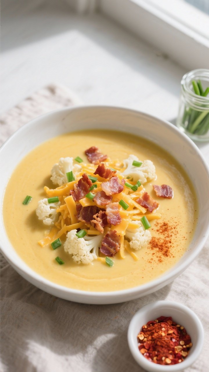 Final dish, tasty top view: Overhead shot of a bowl of Keto Cheesy Cauliflower Soup, creamy golden h