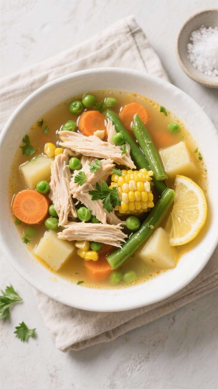 Final dish, tasty top view: Overhead shot of a bowl of Hearty Chicken and Vegetable Soup, generously