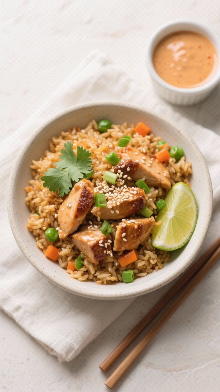 Final dish, tasty top view: Overhead shot of a bowl of Bang Bang Chicken Fried Rice plated in a wide