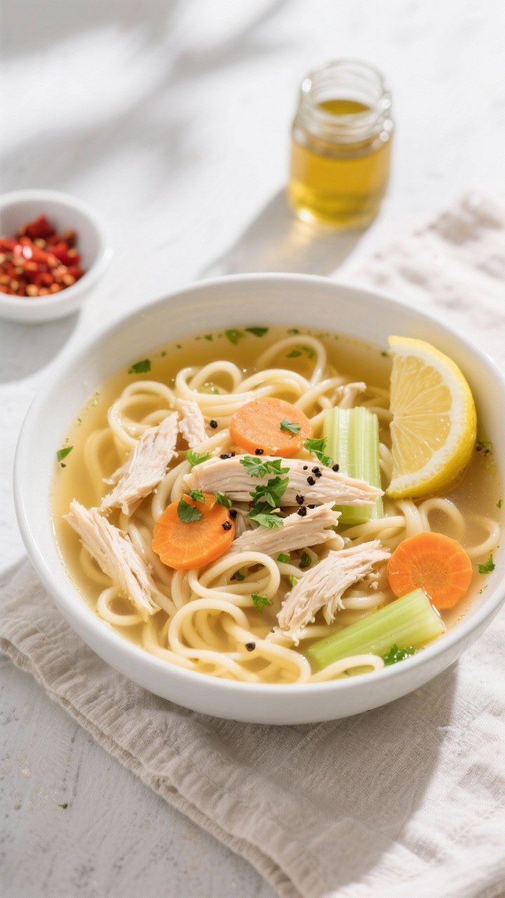 Final dish, tasty top view: Overhead shot of a bowl of classic chicken noodle soup, showing soft egg