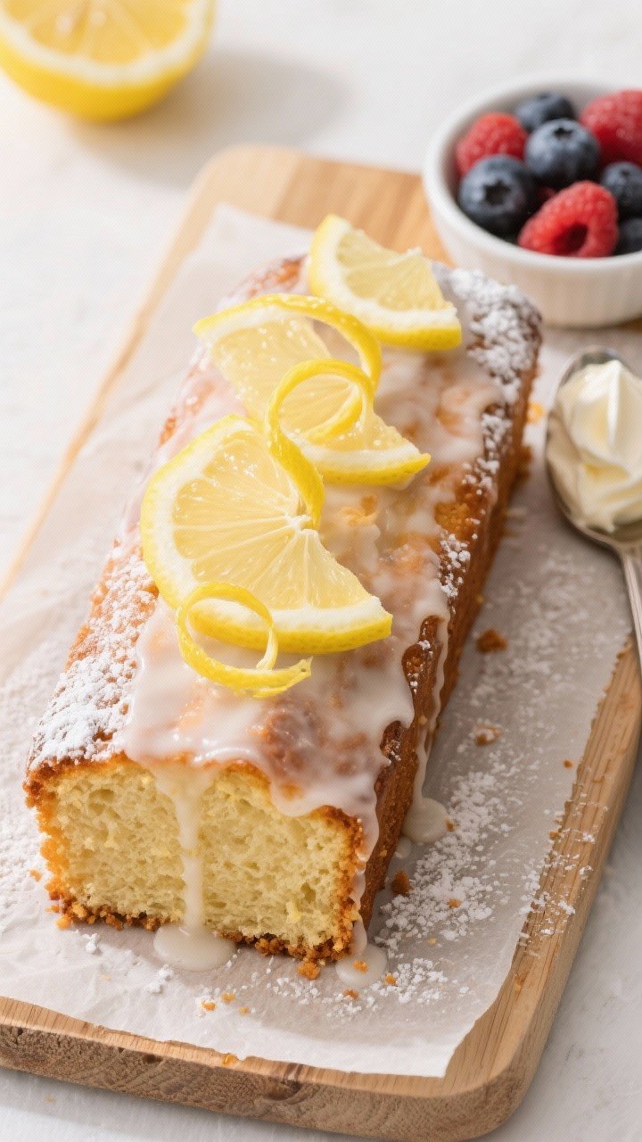 Final dish, tasty top view: Overhead shot of a fully cooled and glazed Italian lemon pound cake loaf
