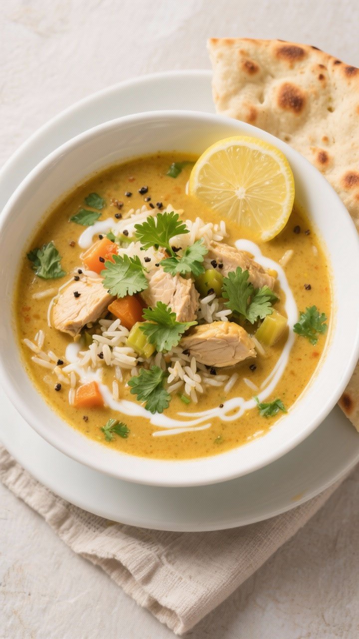 Final dish, tasty top view: Overhead shot of a generous bowl of Chicken Mulligatawny Soup, creamy go