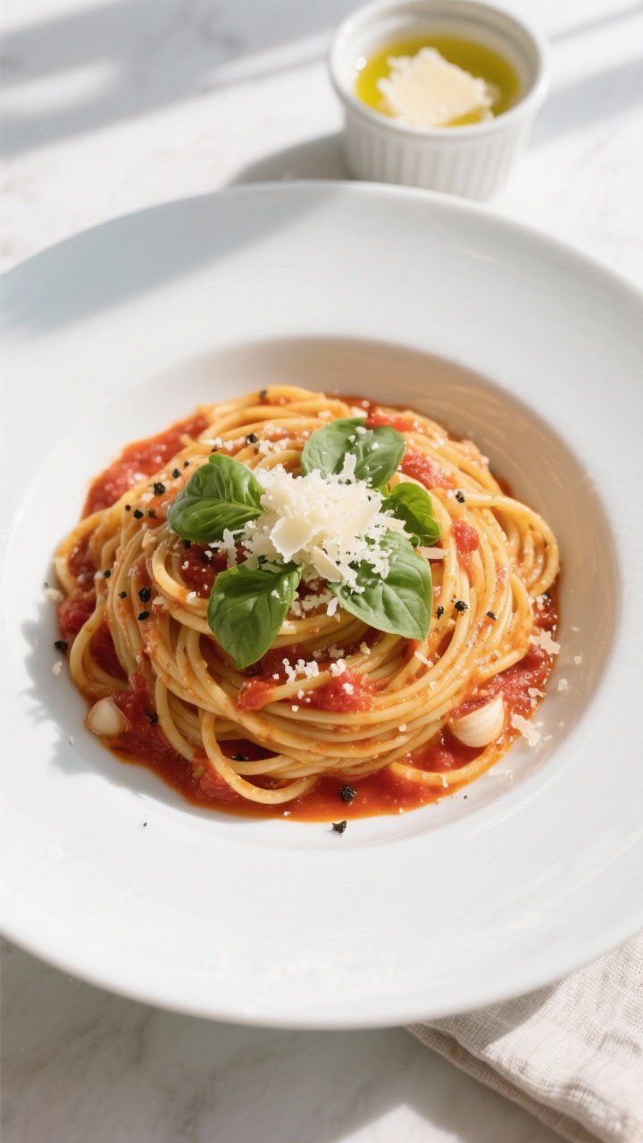 Final dish, tasty top view: Overhead shot of a neatly twirled nest of linguine in bright, garlicky m