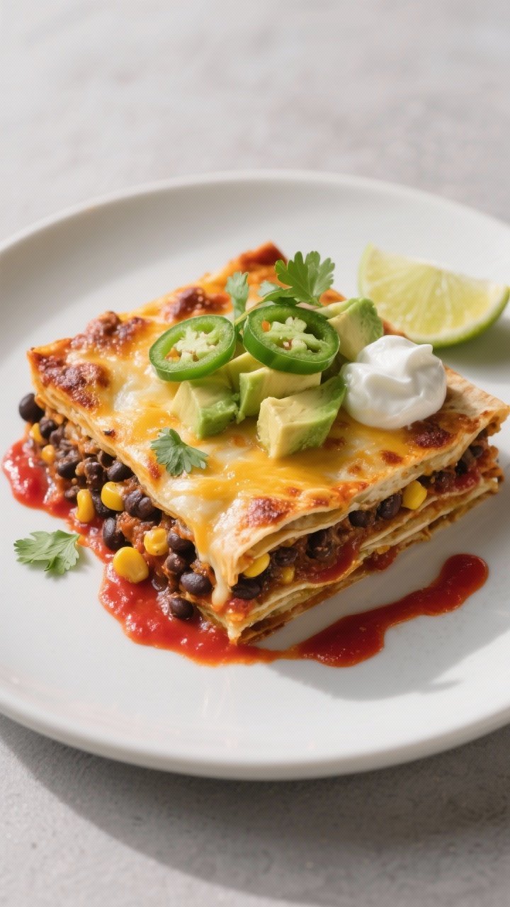 Final dish, tasty top view: Overhead shot of a rested, sliced square of Vegetarian Black Bean Enchil