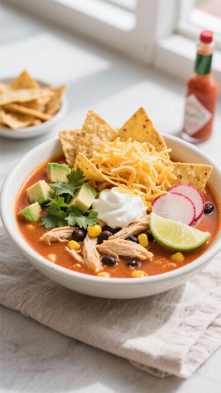 Final dish, tasty top view: Overhead shot of a restaurant-style bowl of classic chicken tortilla sou