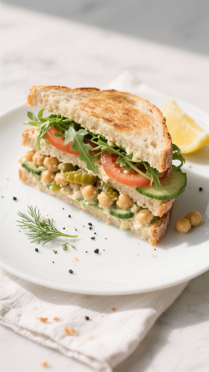Final dish, tasty top view: Overhead shot of a stacked chickpea salad sandwich on lightly toasted so