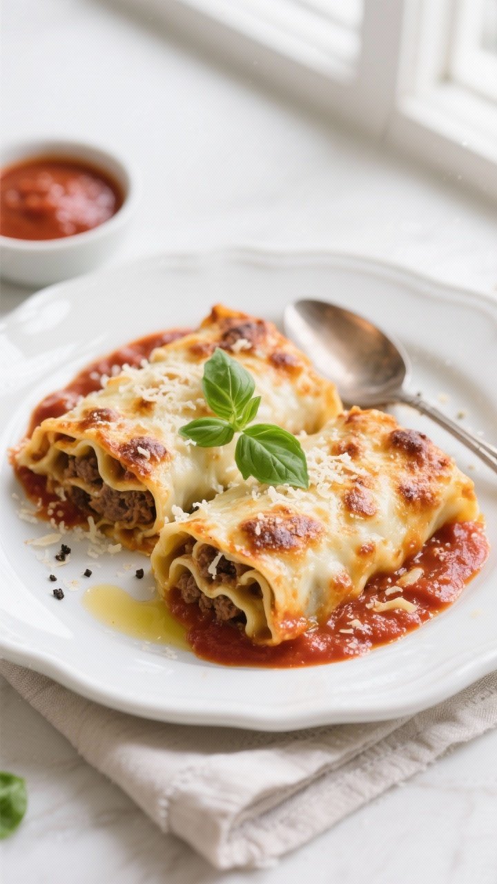 Final dish, tasty top view: Overhead shot of baked Classic Beef Lasagna Rolls fresh from the oven, c