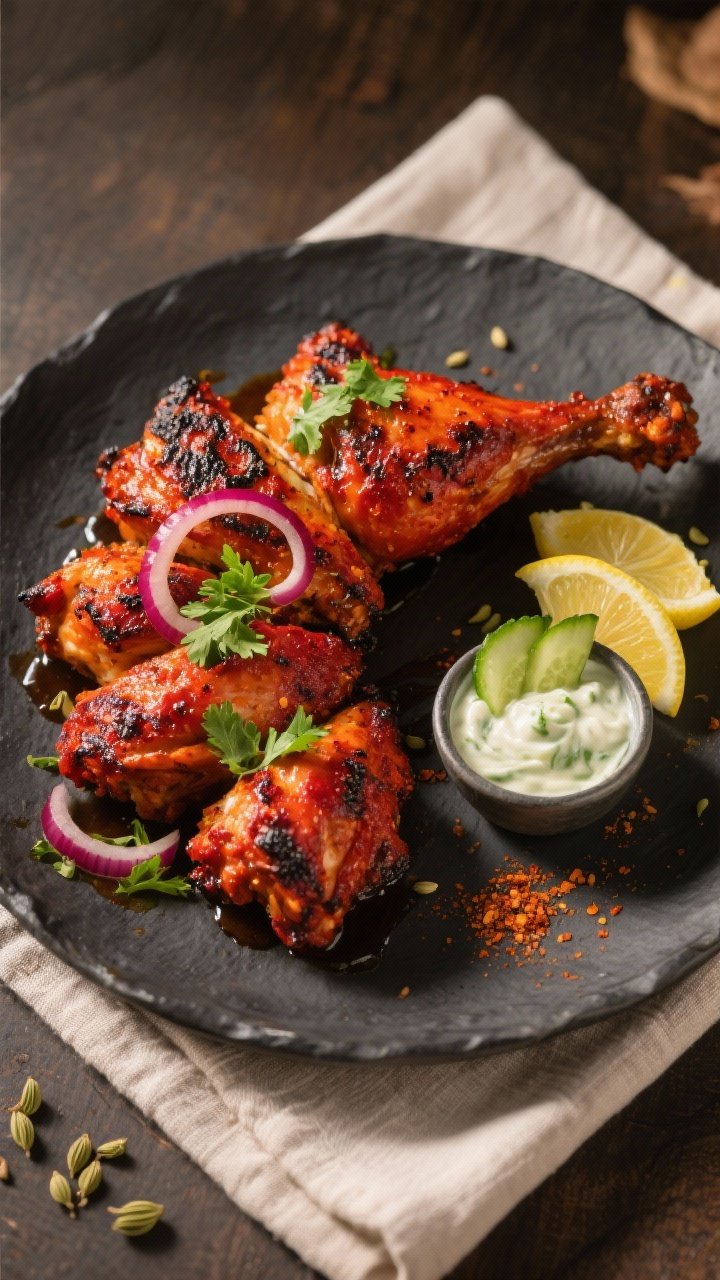 Final dish, tasty top view: Overhead shot of beautifully plated Authentic Chicken Tandoori on a matt