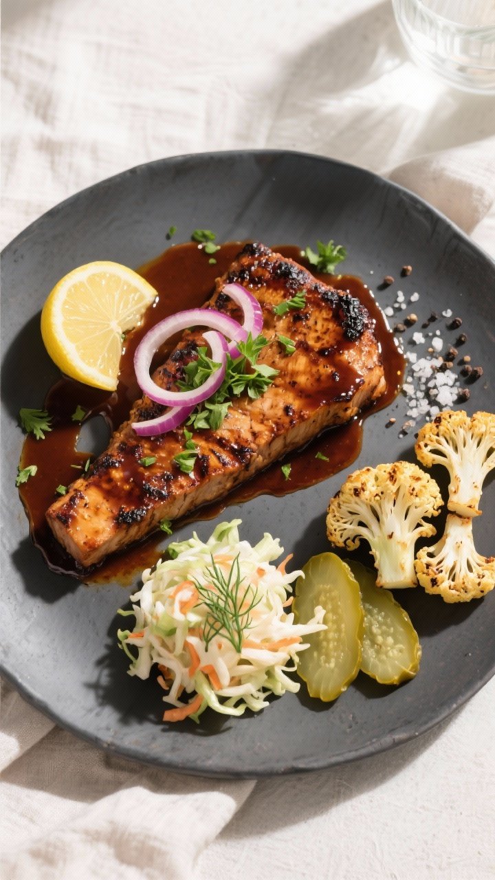 Final dish, tasty top view: Overhead shot of beautifully plated vegetarian BBQ cauliflower steak on