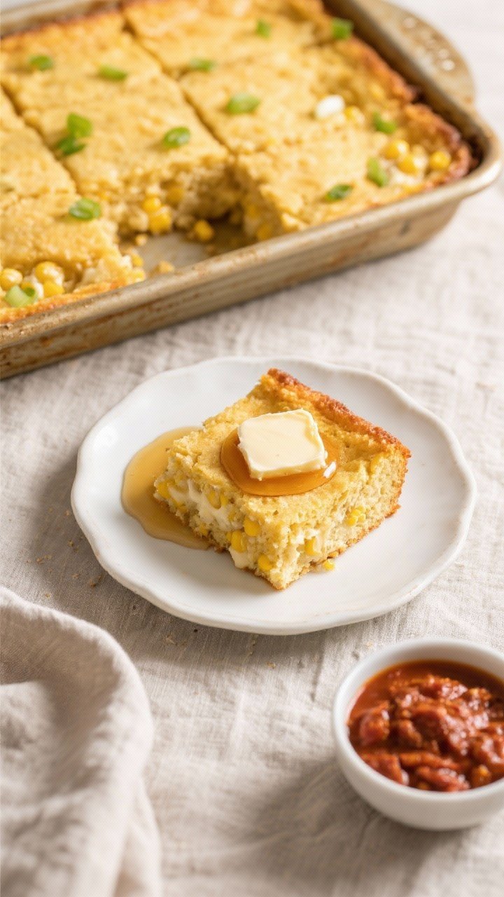 Final dish, tasty top view: Overhead shot of Classic Southern Cornbread Casserole cut into tidy squa