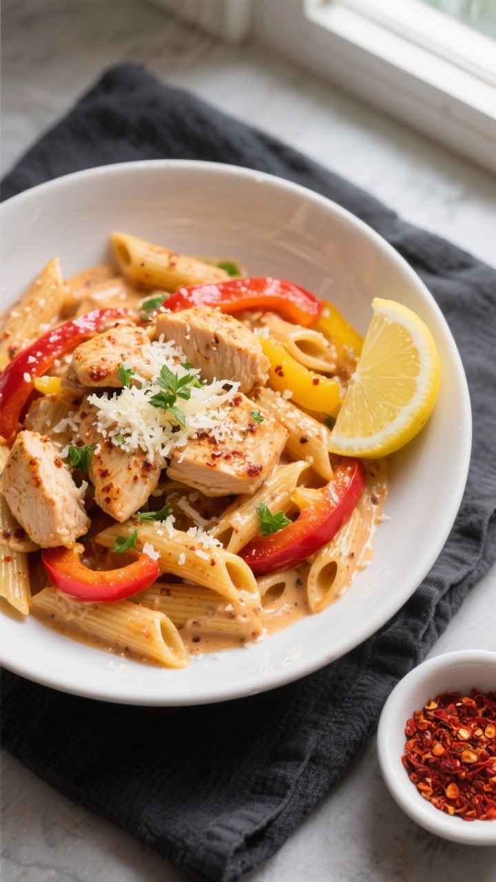 Final dish, tasty top view: Overhead shot of Creamy Cajun Chicken Pasta (penne) tossed in a silky, g