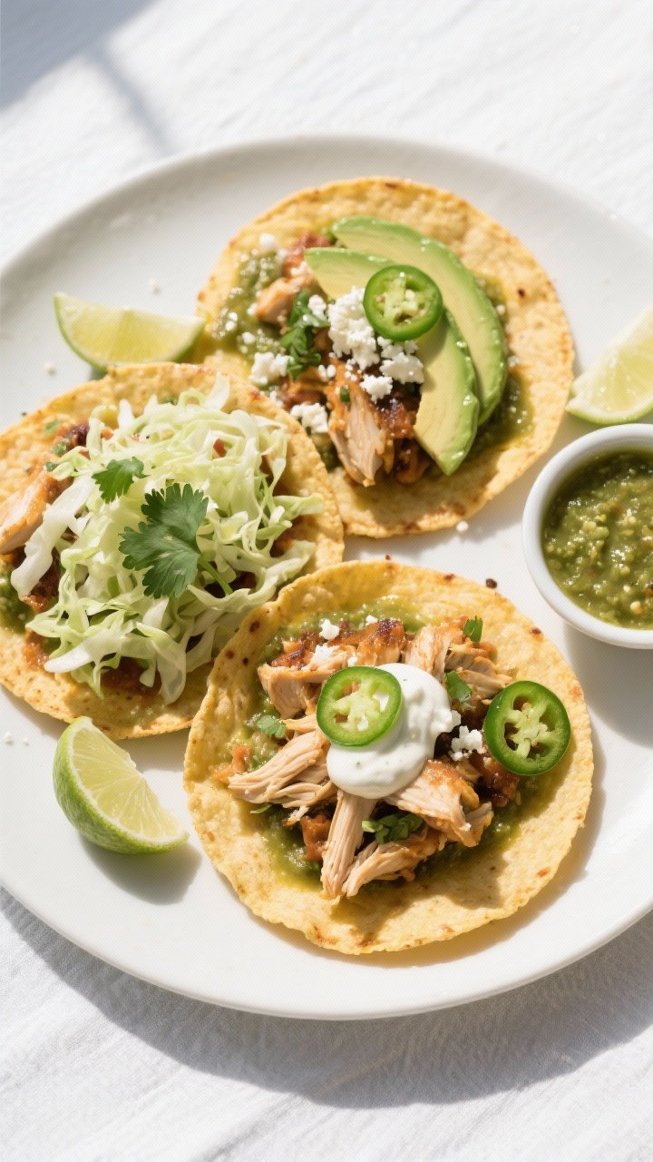 Final dish, tasty top view: Overhead shot of crispy chicken tostadas on a matte white platter—gold