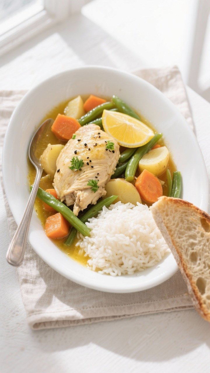 Final dish, tasty top view: Overhead shot of crockpot chicken and vegetables plated in a wide, shall