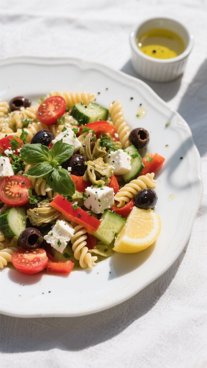 Final dish, tasty top view: Overhead shot of Mediterranean pasta salad with feta served in a white, 
