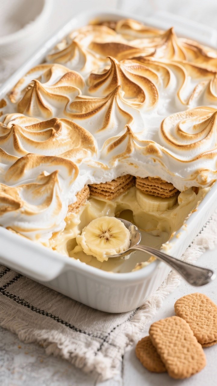 Final dish, tasty top view: Overhead shot of Original Southern Banana Pudding just out of the oven w