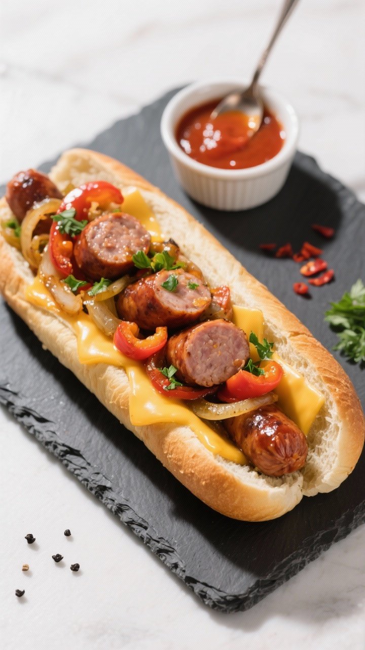Final dish, tasty top view: Overhead shot of sausage and peppers piled into toasted Italian hoagie r