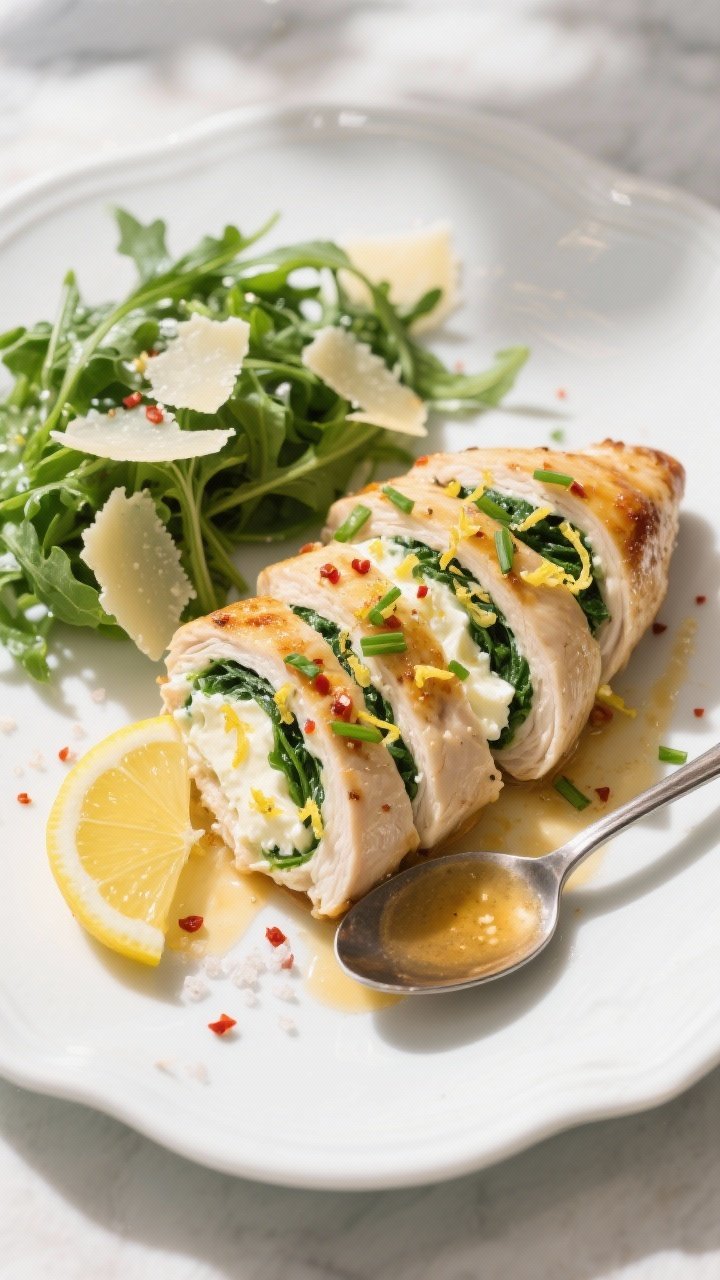Final dish, tasty top view: Overhead shot of sliced cream cheese stuffed chicken breast fanned on a 