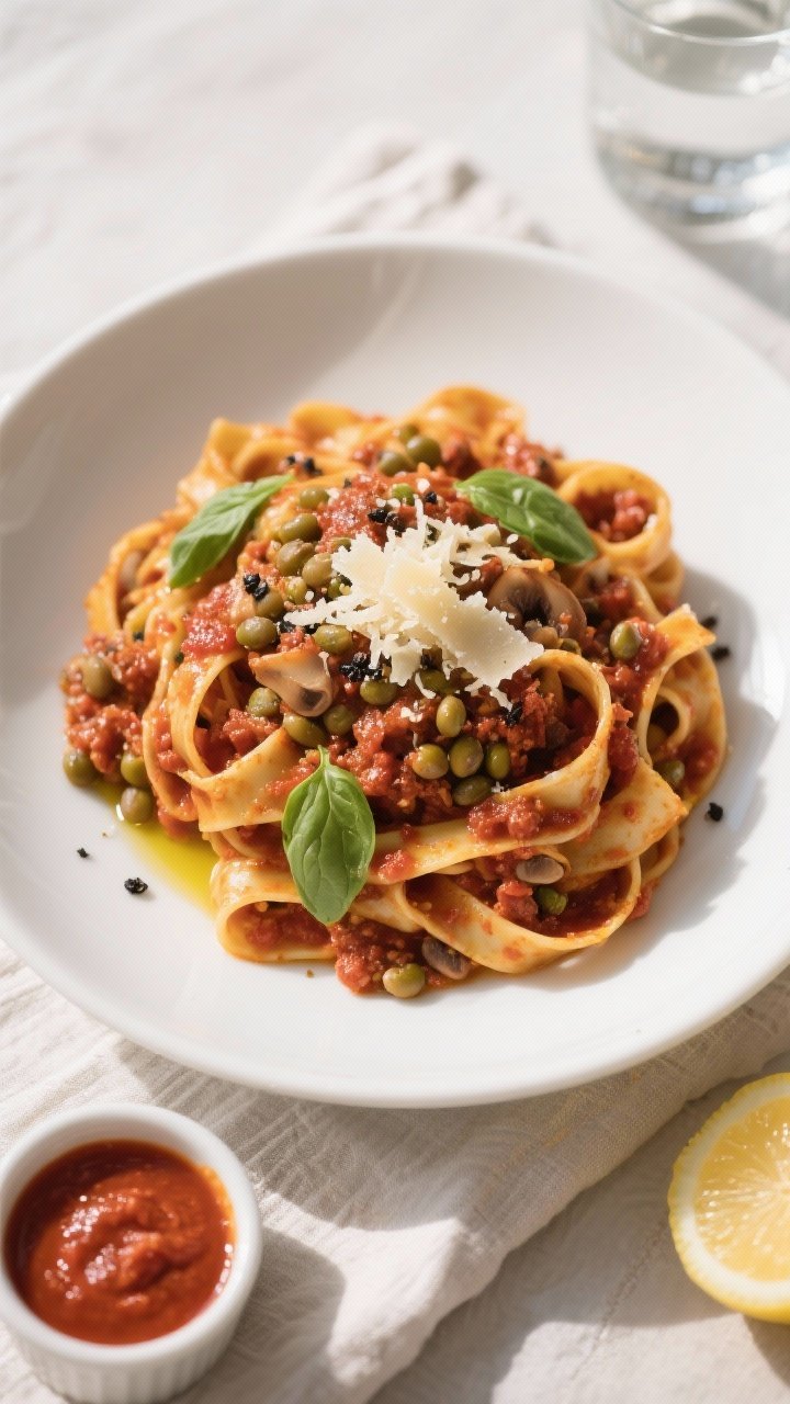 Final dish, tasty top view: Overhead shot of tagliatelle tossed with vegetarian lentil bolognese, sa