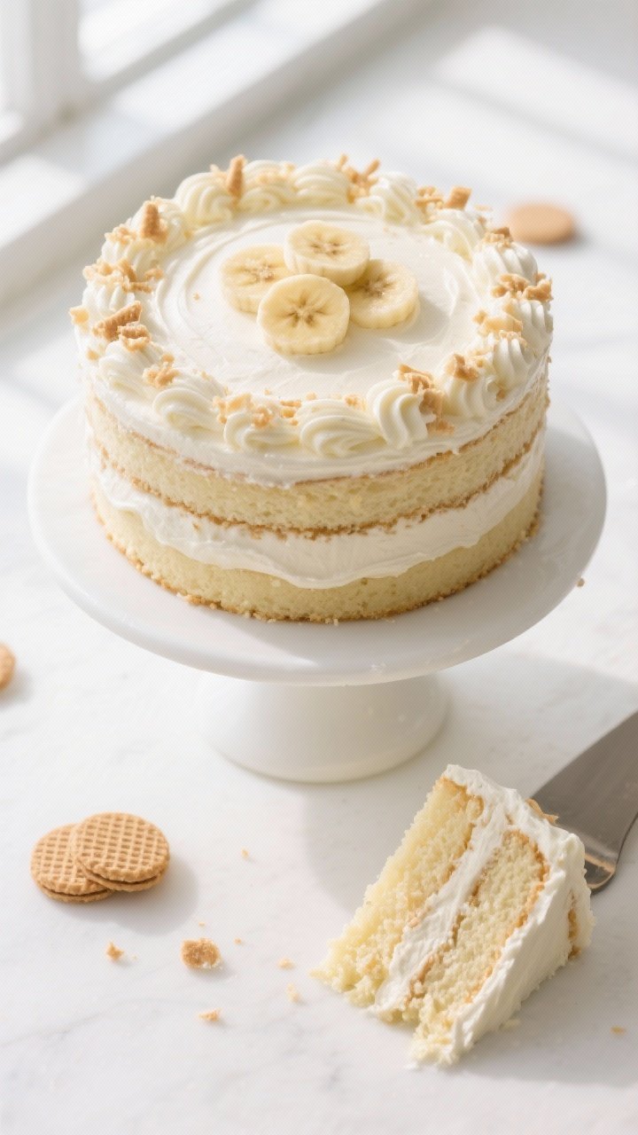 Final dish, tasty top view: Overhead shot of the fully frosted Banana Pudding Layer Cake on a white 