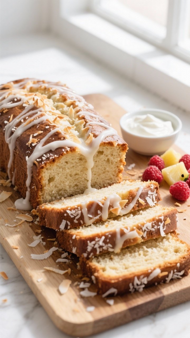 Final dish, tasty top view: Overhead shot of the fully cooled coconut loaf on a board, thick slices 