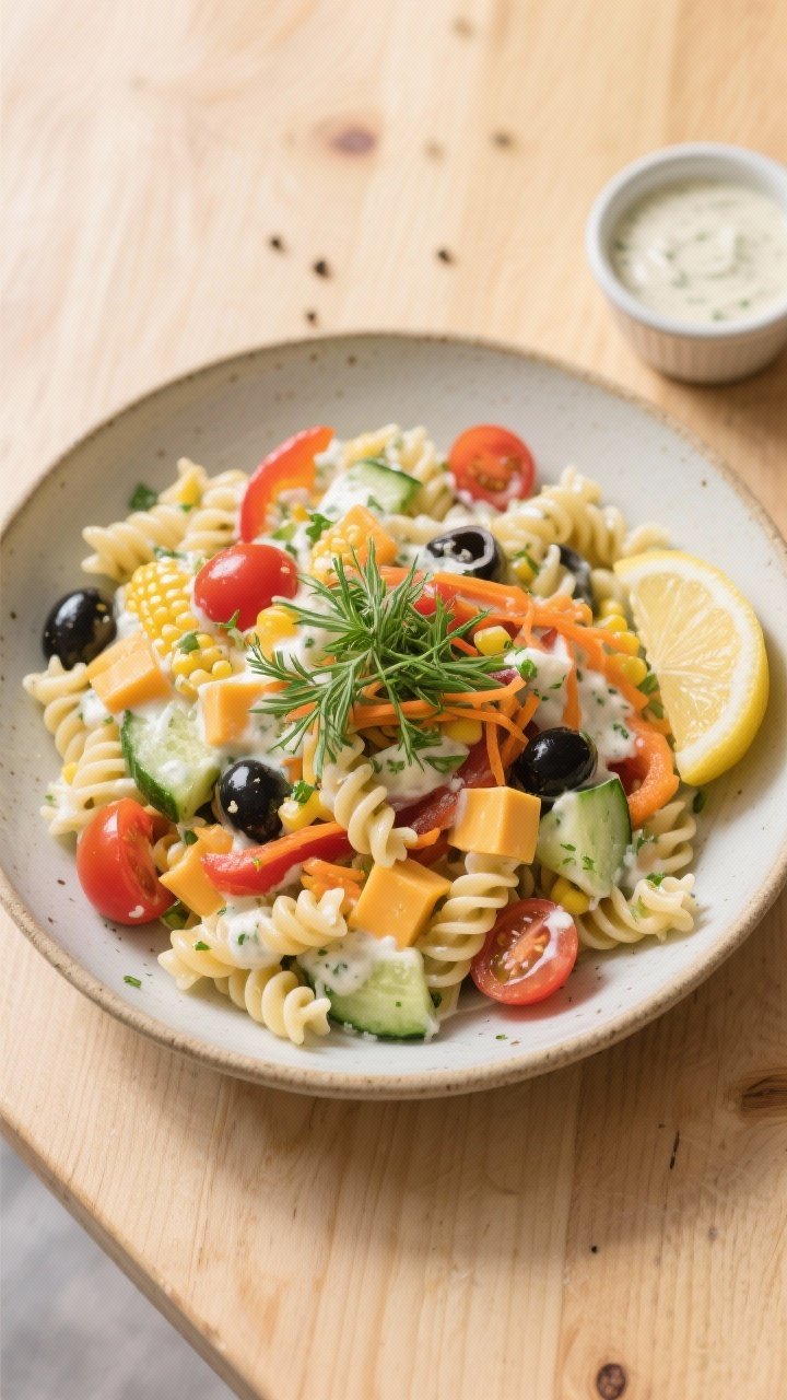 Final dish, tasty top view: Overhead shot of Vegetarian Ranch Pasta Salad plated in a wide, low cera