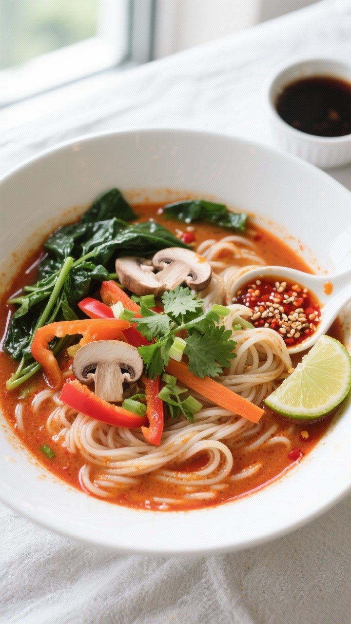 Final dish, top view: Overhead shot of a bowl of Thai red curry noodle soup with rice noodles coiled