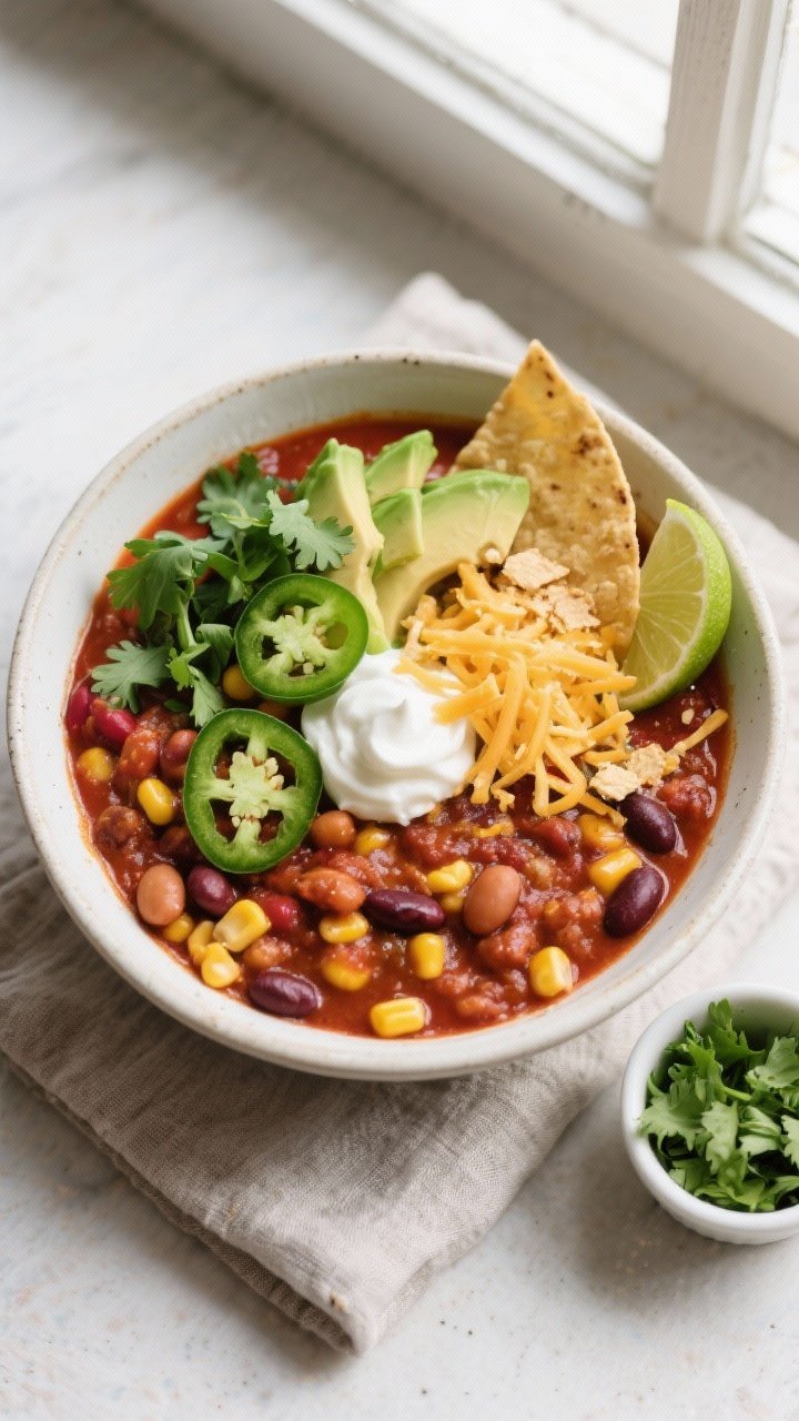 Final dish, top view: Overhead shot of a generously filled bowl of vegetarian bean chili, ultra-thic