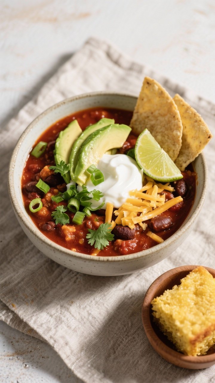 Final dish, top view: Overhead shot of a hearty bowl of slow cooker vegetarian chili, deeply red and