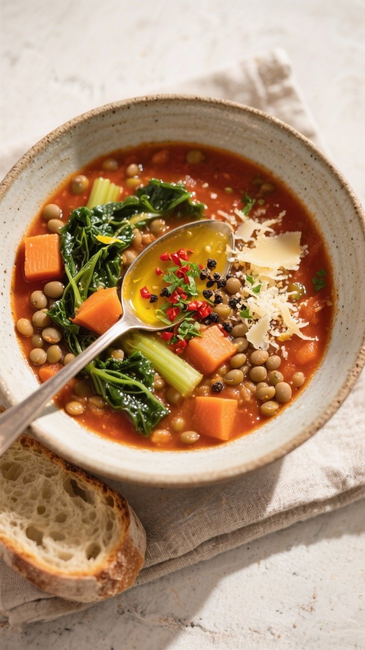 Final dish, top view: Overhead shot of a ladled bowl of hearty lentil and kale soup, restaurant-qual