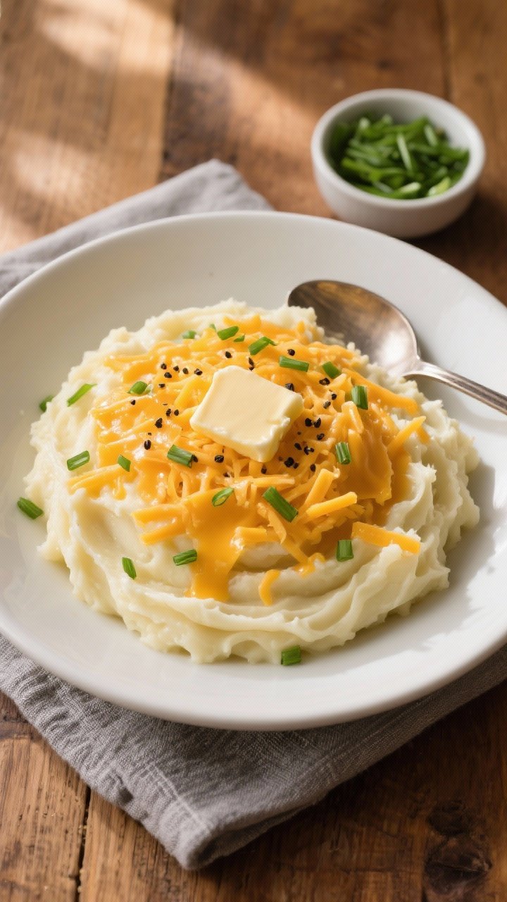 Final dish, top view: Overhead shot of Cheesy Crockpot Mashed Potatoes spooned into a wide, white se