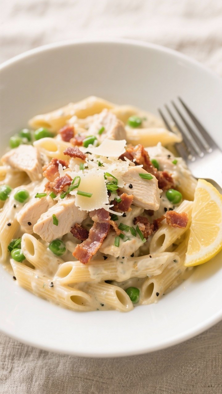 Final dish top view: Overhead shot of Creamy Chicken Bacon Ranch Pasta plated in a wide white bowl; 