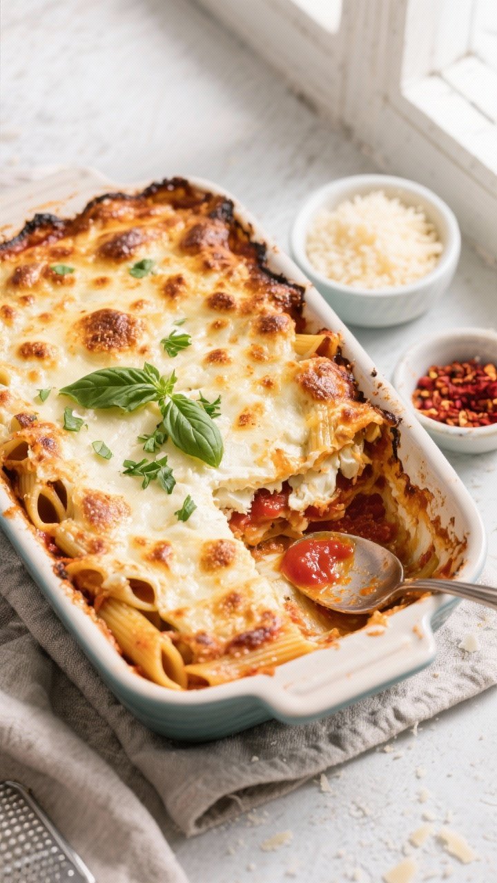 Final dish top view: Overhead shot of Three-Cheese Baked Ziti just out of the oven—golden, blister