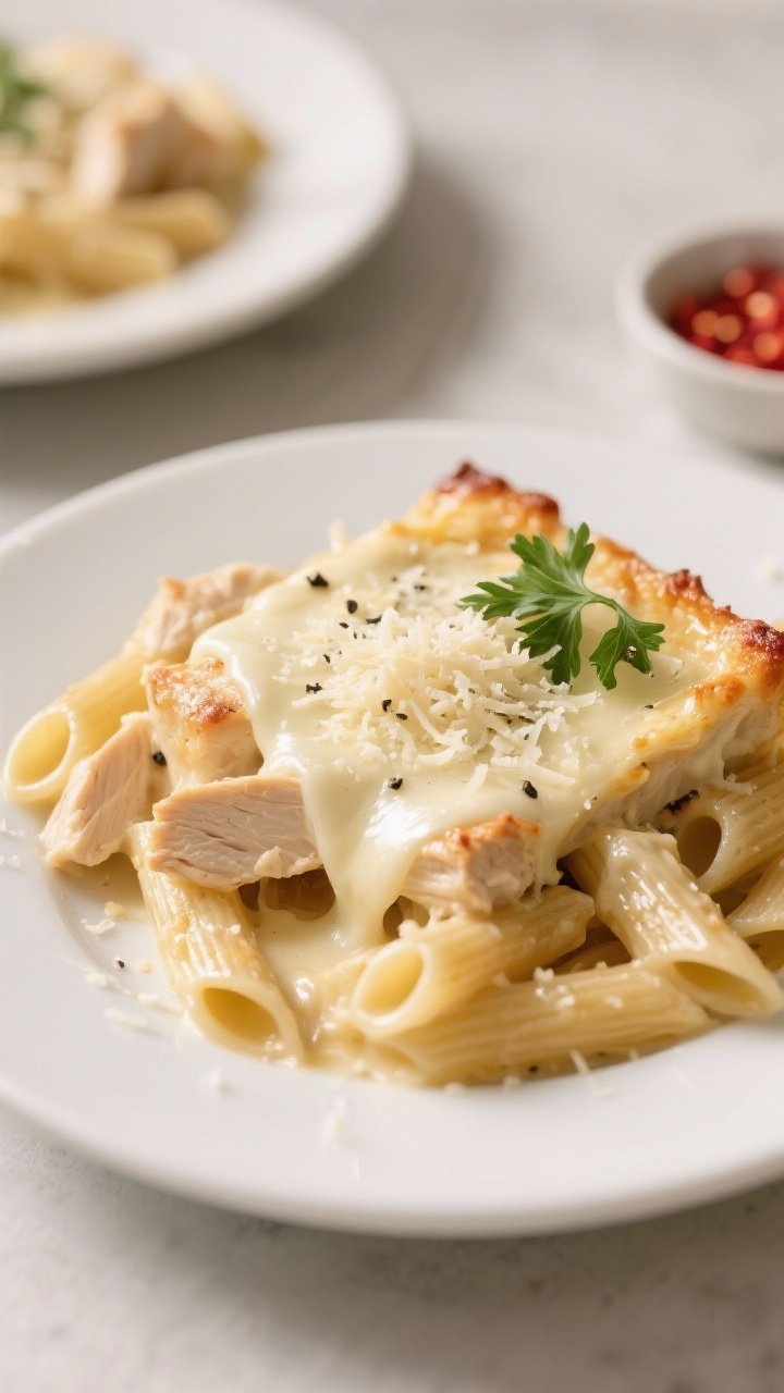 Final plated, close-up detail: Close-up of a plated serving of 3-Ingredient Chicken Alfredo Bake on 