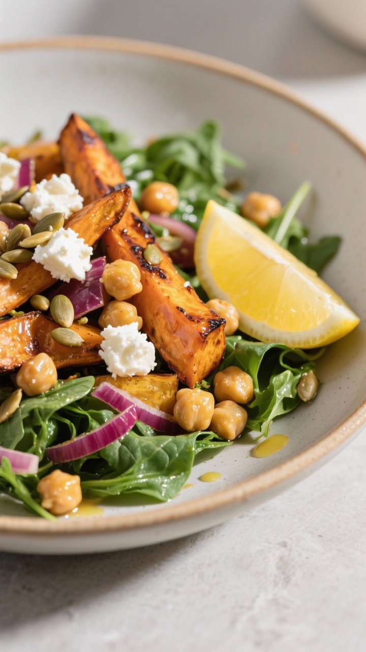 Final plated, close-up detail: Roasted Veggie & Chickpea Salad assembled on a wide shallow ceramic b