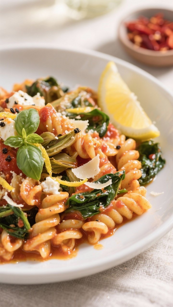 Final plated, close-up detail: Tossed Spinach & Artichoke Baked Feta Pasta (cavatappi) coated in a g