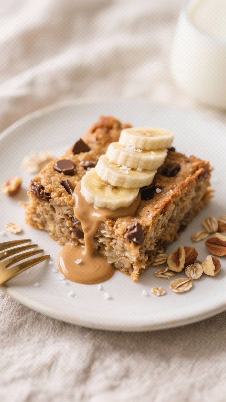 Final plated dish, close-up detail: A thick, warm square of Peanut Butter Banana Baked Oatmeal on a 