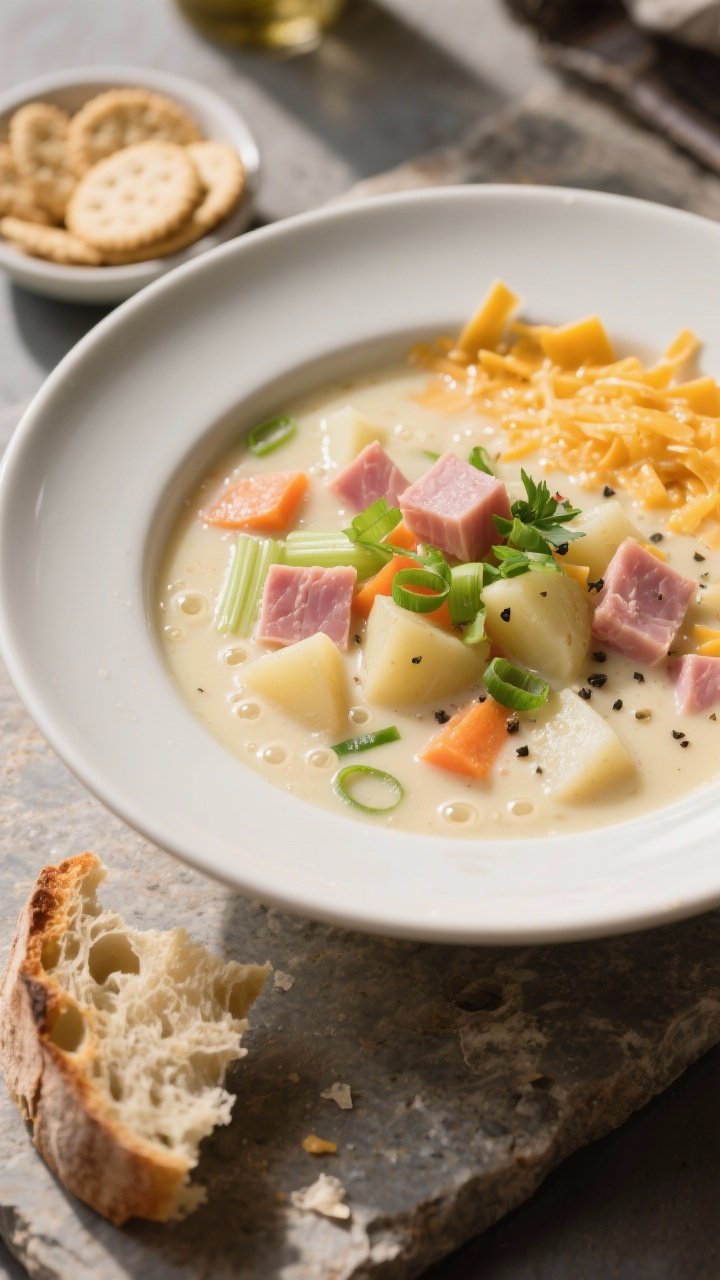 Final plated dish: Close-up, three-quarter angle of a bowl of Creamy Ham & Potato Chowder, restauran