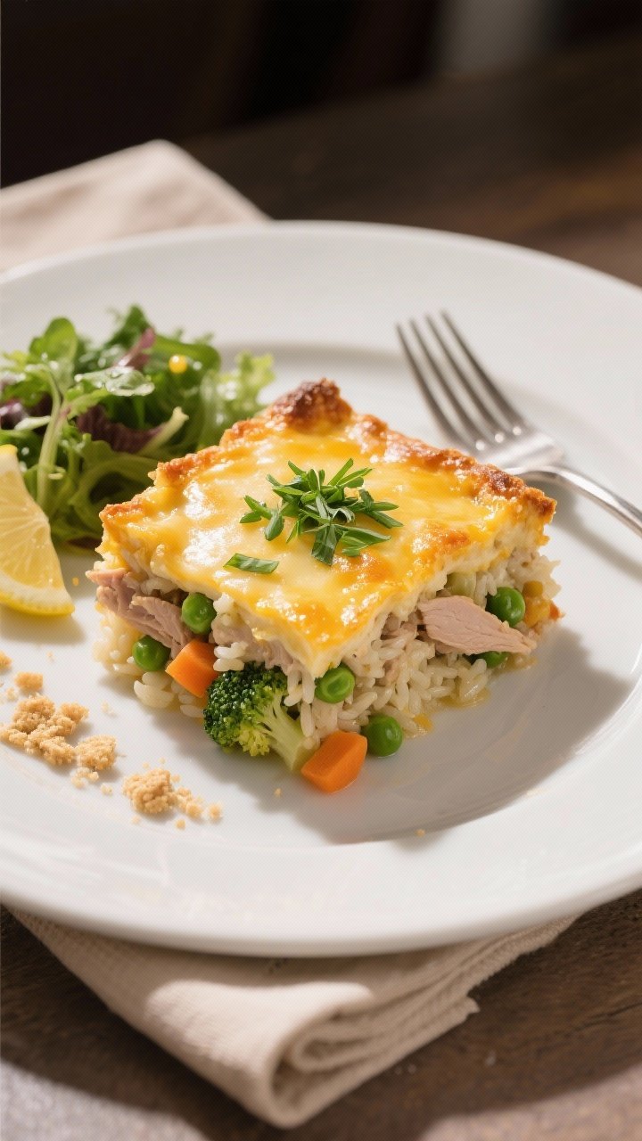 Final plated overhead: A neatly cut square of cheesy turkey and rice casserole on a matte white plat