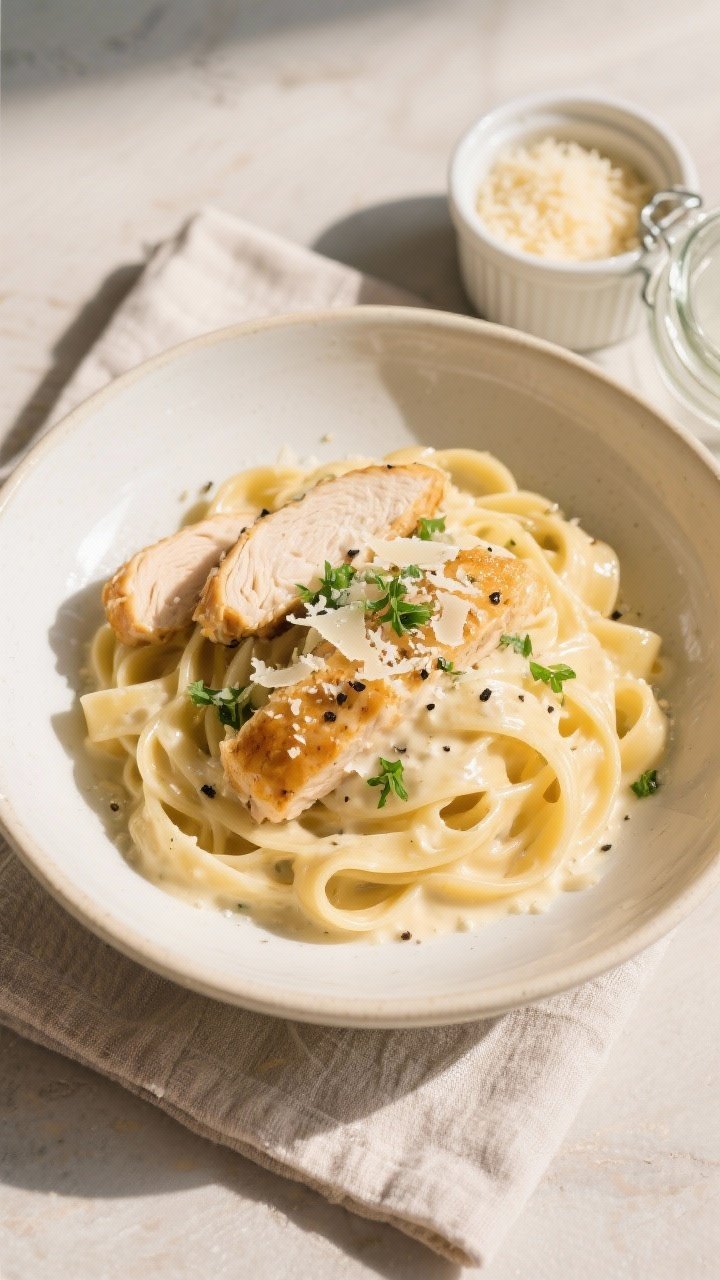 Final plated overhead: Beautifully plated Creamy Chicken Alfredo Pasta on a warm white ceramic bowl,