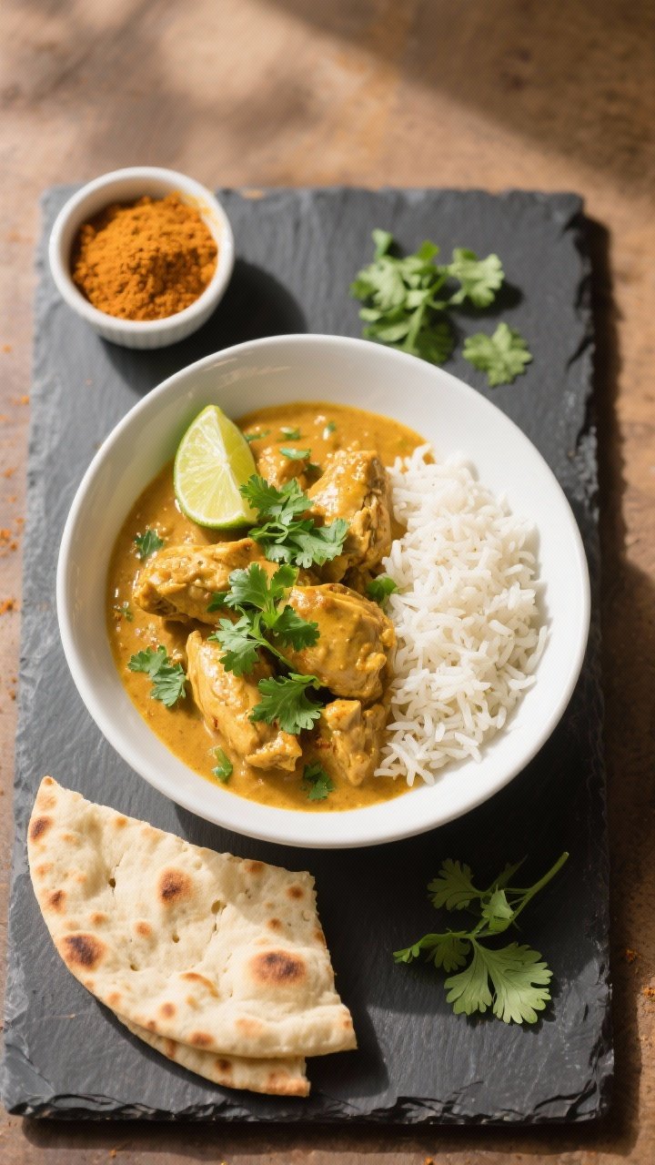 Final plated overhead: Beautifully plated Easy Instapot Chicken Curry in a wide white bowl, rich cre
