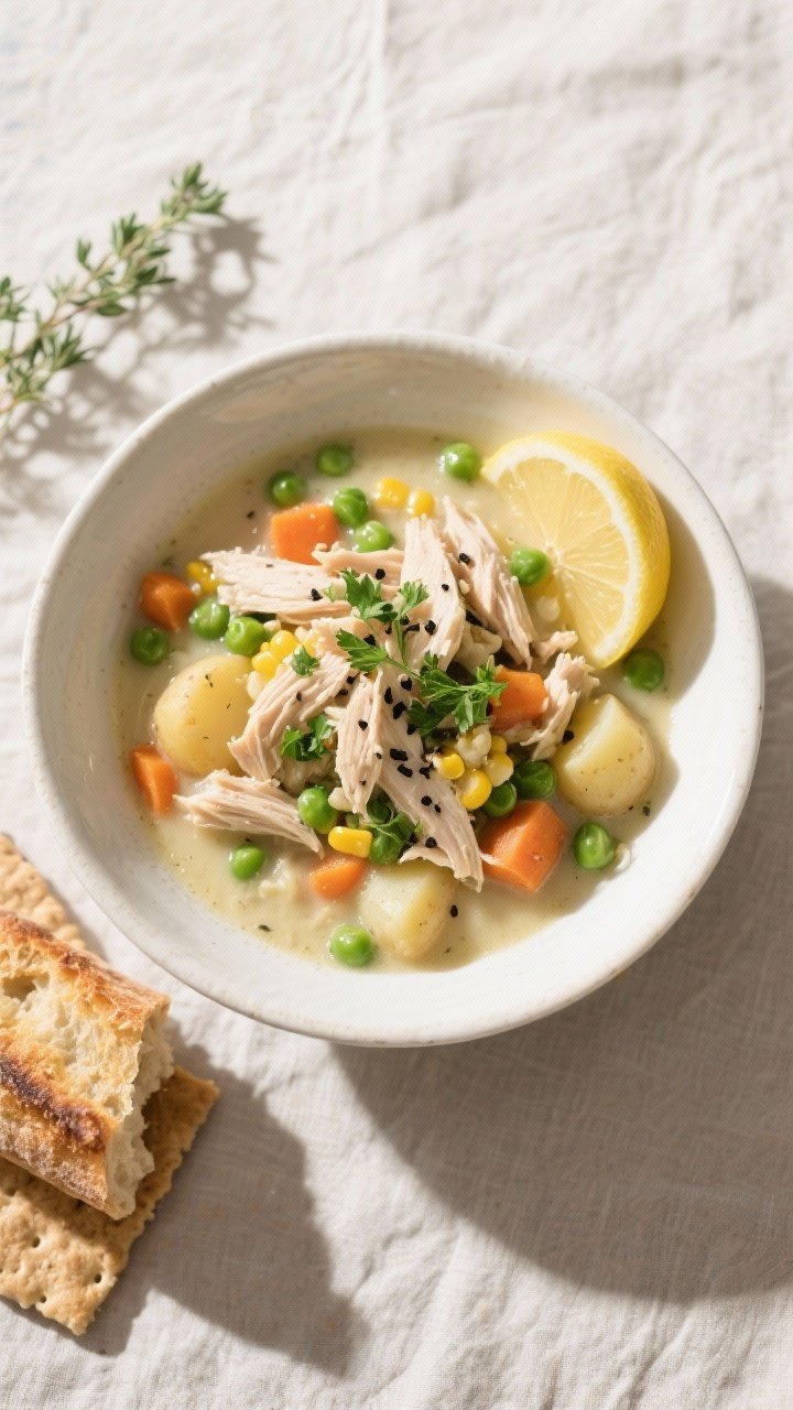 Final plated overhead: Beautifully styled bowl of Healthy Chicken Pot Pie Soup served in a wide, whi