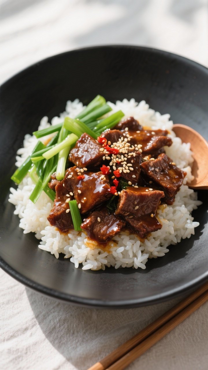 Final plated overhead: Classic Mongolian Beef spooned over fluffy steamed jasmine rice in a wide mat