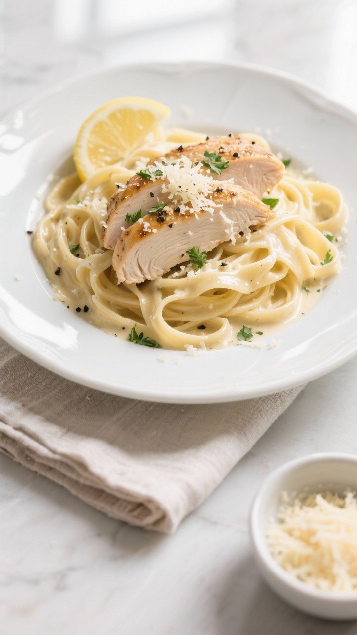 Final plated overhead: Creamy Chicken Alfredo with fettuccine twirled into loose nests on a wide whi