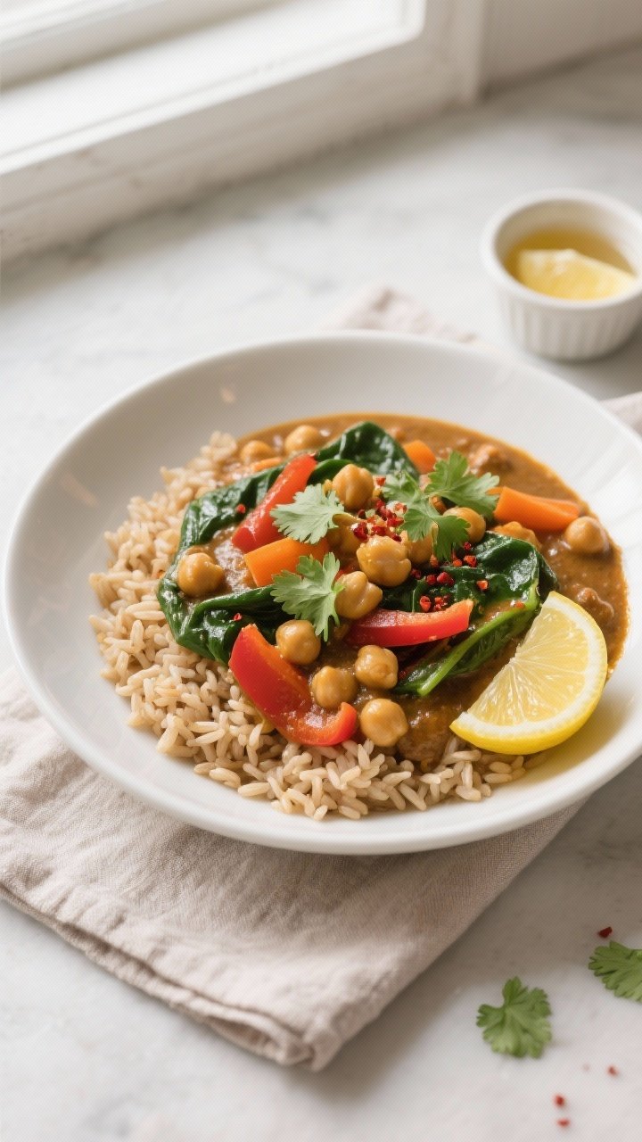 Final plated overhead: Daniel Fast Chickpea Curry served in a shallow white bowl over fluffy brown r