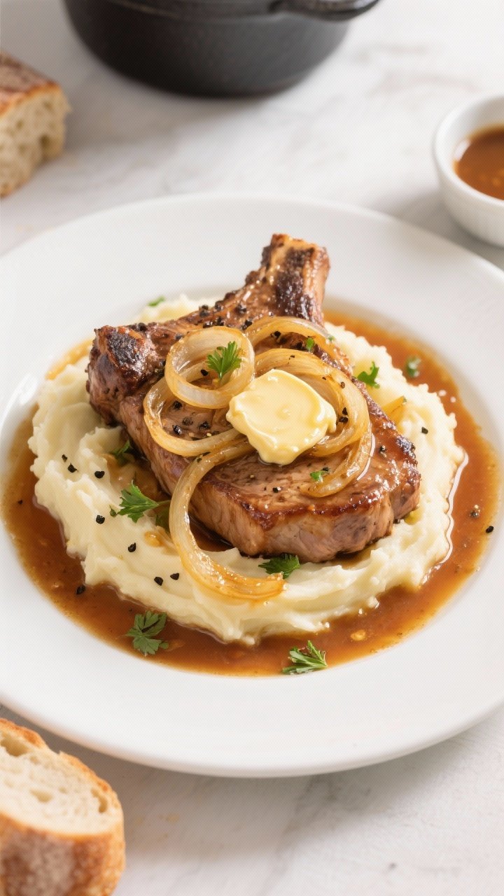 Final plated overhead: Dutch Oven Pork Chops with Onions served on a wide white plate over a bed of 