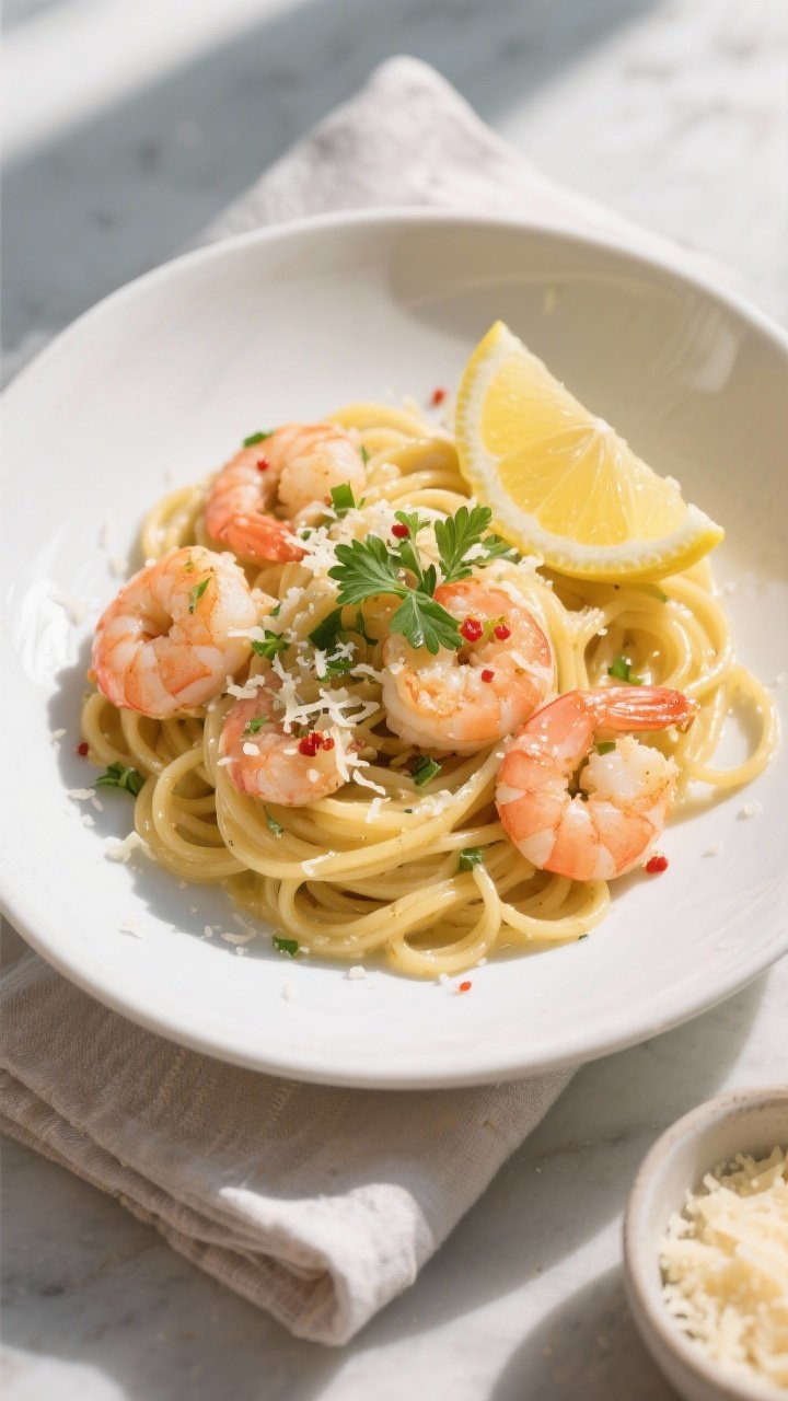 Final plated overhead: Lemon Shrimp Pasta elegantly twirled into nests on a matte white shallow bowl