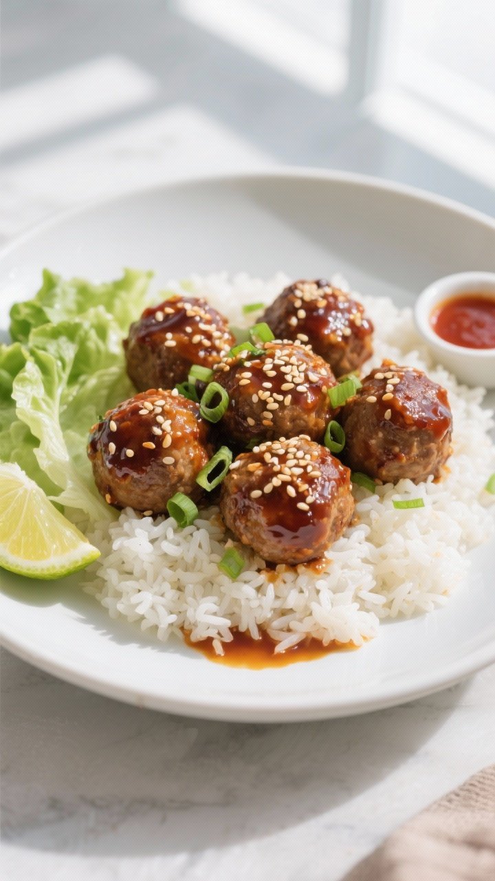 Final plated overhead: Overhead shot of Spicy Asian-Style Meatballs arranged over fluffy jasmine ric